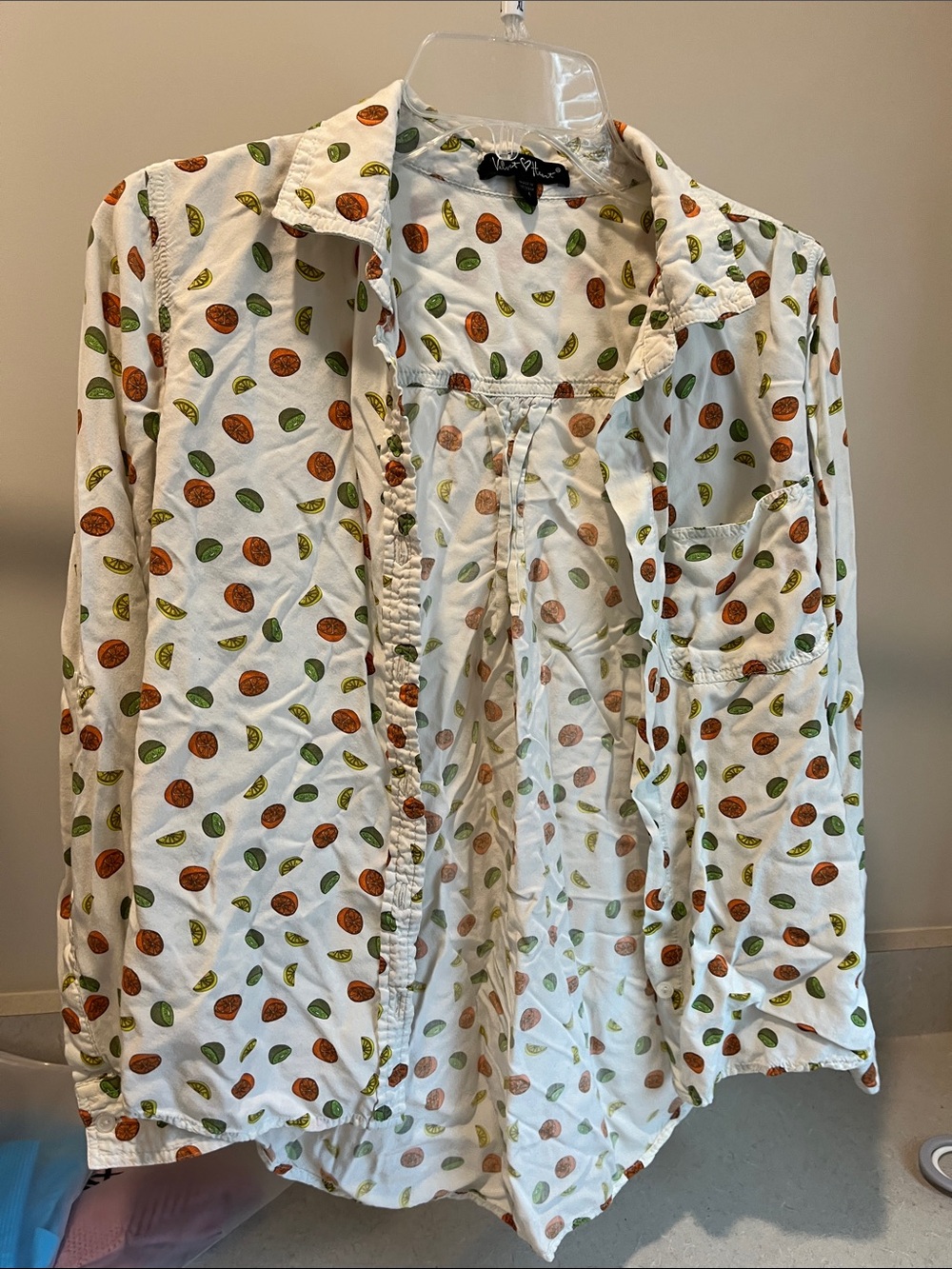Velvet Heart White Button-Front Pajama Top with Green & Orange Fruit Print